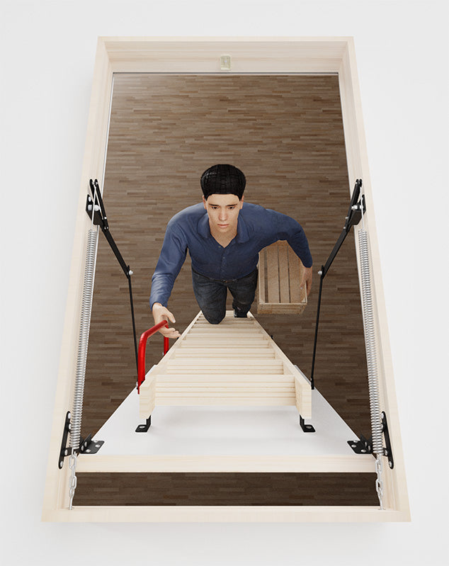 A Man climbing on the 47 x 23.5 wooden attic ladder, view from the top