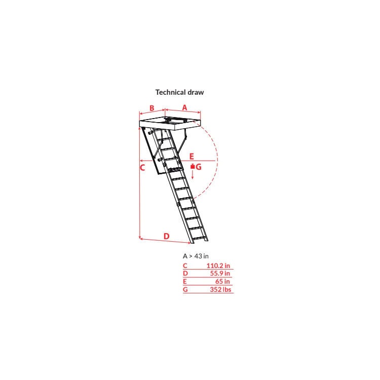 Dimensions of Aluminum Attic Ladder 43 x 21.5