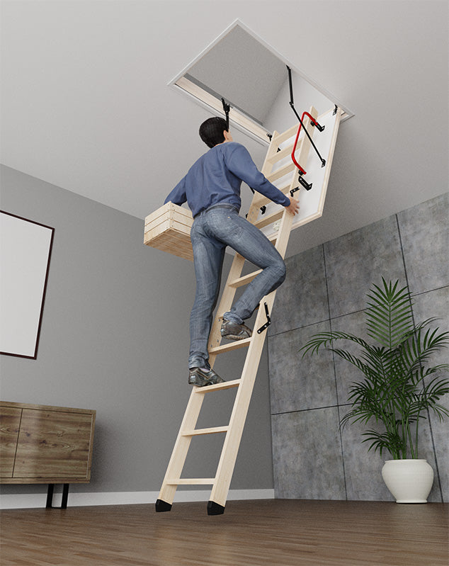 Man climbing on Glob Wooden Attic Ladder 47 x 23.5