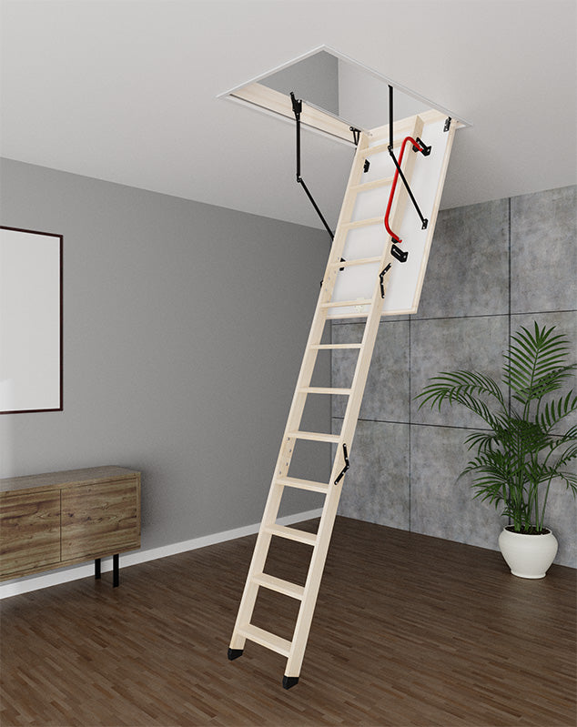  47 x 23.5 Wood Attic Ladder with red handrail in the room