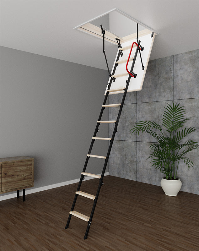 Uni Metal Wooden Attic Ladder 31.5 x 31.5 with handrail on left side