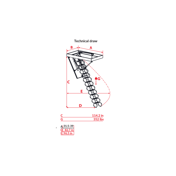 Scissor attic ladder 39 x 23.5 technical draw