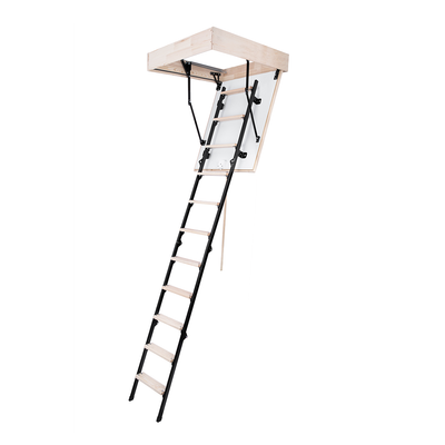 UNI Metal Wooden Attic Ladder 31.5 x 23.5 inches without handrail.  White background. Solid vertical elements on which wooden rungs are attached. and the hatch, 